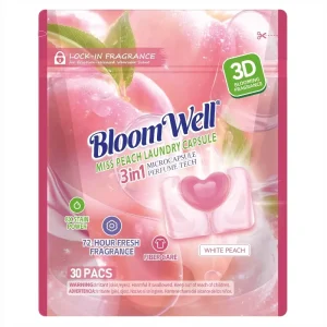 BloomWell 3 in 1 Disposable Eco Friendly Laundry Pods 30 Count Peach Scent Pink Deep Cleaning Fabric Color Protection Apparel