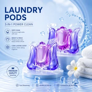 Eco friendly 3 in 1 Laundry Detergent Gel Pods Disposable for Apparel Cleaning with Odor Removal and Low Foam