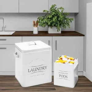Glossy White 2-Pack Home Laundry Detergent Container Set Includes Detergent Holder Scoop for Sheets Pods Storage Bin