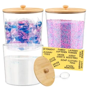 Laundry Pods Storage Container Clear Laundry Room Organization and Storage Detergent Powder Container with Wooden Lids & Label
