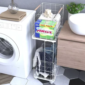 2 Layer Toilet Laundry Basket Aluminum Frame Durable Bathroom Bedroom Household Dirty Clothes Laundry Basket with Wheels