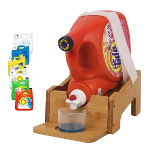 Bamboo Laundry Detergent Holder with Cup Tray Angled Detergent Holder Rack with Strap for Laundry Room Organizer
