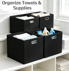 Black Fabric Laundry Storage Bins with Reinforced Metal Handles for Towels Cleaning Supplies Factory
