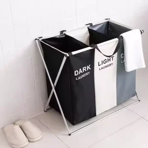 Collapsible 3 Section Eco friendly Durable Oxford Cloth Hamper Waterproof Dirty Clothes Organizers Modern Home Laundry Basket