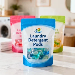 Custom Logo Laundry Pods Packaging Bag Stand up Pouch With Clear Window Zipper Side Gusset Bag