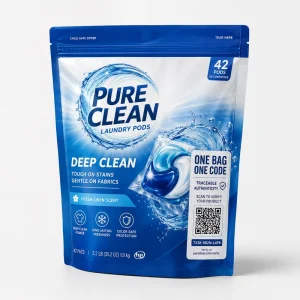 Custom One Bag One Code Laundry Pods Stand up Zipper Pouch With QR Code Household Cleaning Packaging