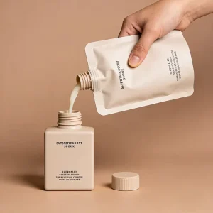 Custom Travel Spout Pouch with Screw Lid Squeeze Spout Pouch Packaging for Cosmetics Laundry Detergent Skincare Refill Pouch