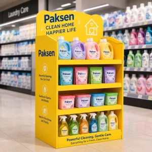 Custom Yellow Cartoon Printed Cardboard 4 Tier Floor Display Stand for Laundry Care Household Cleaning Detergent FMCG POP Rack