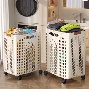Durable Bathroom Dirty Clothes Laundry Basket With Dividing Mesh Novelty Large Capacity Plastic Laundry Basket With Wheels