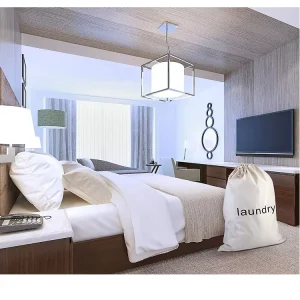 Factory Custom Canvas Cotton Drawstring Laundry Bag with Printed Logo Model HF1104 for Hotel Guestroom Clothes Storage