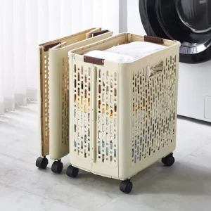 Foldable Large-Capacity Milky White PP Material Laundry Basket with Wheels 37x24x44CM for Home Bathroom High-End Style