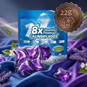 Free Sample 22g Heavy Duty Premium Perfume Natural Enzyme 8X Cleaning Power Color Protect Washing Detergent Pods for Home Use