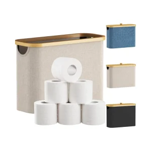 Free Standing Beige Bamboo Toilet Paper Holder Bathroom Organizer with Lid Handle Accessory for Laundry Bags & Baskets