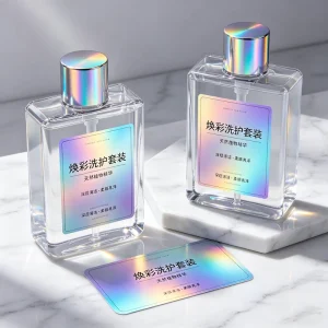 Holographic Laser Adhesive Labels Rainbow Gradient PET Stickers for Cosmetics Skincare & Shampoo Bottles