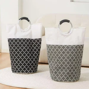 Household Clothes Storage Organizer Foldable Laundry Hamper Folding Laundry Basket with Aluminum Ring Handle
