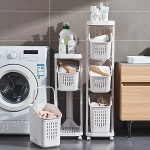 Household Dirty Clothes Storage Box Rolling Plastic 3 Compartments Laundry Basket With Shelf