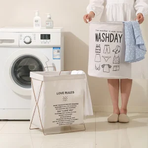 Household Folding Laundry Bags Iron Frame Collapsible Laundry Hamper Basket with Handles Clothes Storage Organizer