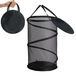 Large Bathroom Storage Organizer Mesh Popup Laundry Basket Collapsible Mesh Laundry Hamper with Lid Handles for Laundry Room