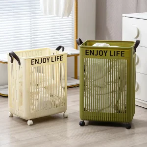 Large Capacity Foldable Plastic Laundry Basket with Wheels Household Dirty Clothes Storage Organizer