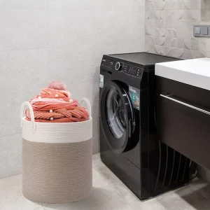 Large Cotton Rope Basket Woven Laundry Basket Storage Bins for Dirty Clothes Blankets Toys Storage with Handles White Brown