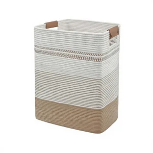 Large Foldable 85L Cotton Rope Woven Laundry Basket with Leather Handles for Bedroom Bathroom Nursery