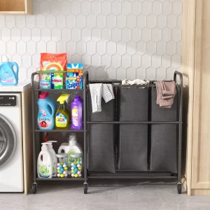 Laundry Organizer Basket Laundry Clothes Hamper Removable Bags for Clothes Storage 3 Bag Laundry Sorter Cart with Storage Shelf