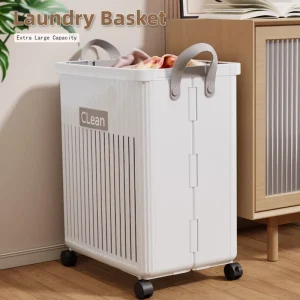 Laundry Storage Set Foldable Collapsible Dirty Clothes Basket with Wheels Plastic Standing Type Bathroom Storage