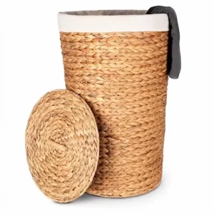 Lidded Natural Rattan Laundry Hamper Clothing Storage Basket Bathroom Hand Woven Water Hyacinth Laundry Basket with Lining Bag
