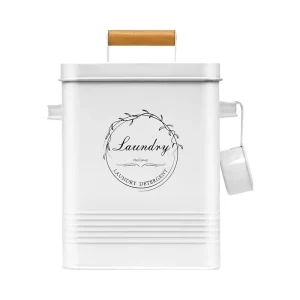 Modern Farmhouse White Metal Laundry Storage Bin Dispenser Lid Hand Scoop Pods Holder Scent Boosters Beads Organizes Laundry