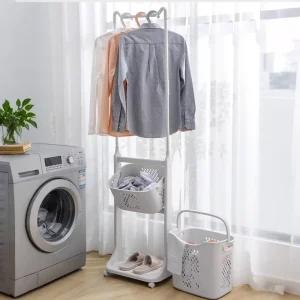 Multifunction Mobile Household Storage Organization Hanger Plastic Clothes Hanger with Dirty Laundry Basket for Bedroom Bathroom
