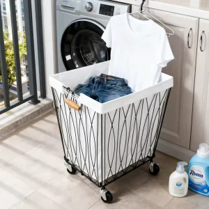 Nordic Style Metal Wire Laundry Cart Rolling Laundry Basket with Wheels for Bathroom Laundry Room Bedroom