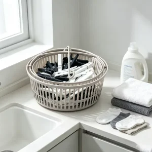 Plastic Clothes Peg Basket Set Minimalist Solid Color Windproof Heavy Duty Clothespins with Storage Basket for Laundry Room
