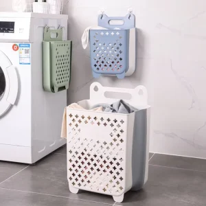 Plastic Minimalist Functional Large Capacity Save Space Wall Mounted Sundries Hook Handle Fold up Dirty Laundry Basket