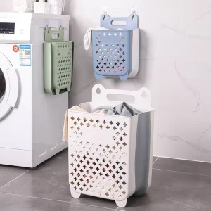 Plastic Minimalist Functional Large Capacity Save Space Wall Mounted Sundries Hook Handle Fold up Dirty Laundry Basket