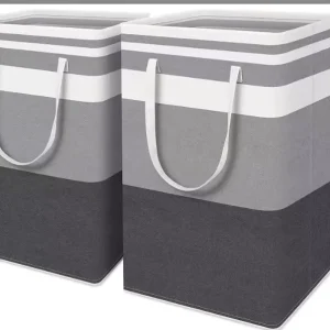 Striped Collapsible Fabric Laundry Bag and Storage Basket Folding Dirty Clothes Organizer for Quilts and Bulk Laundry