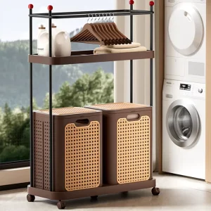 Vintage Style Multifunctional Eco Friendly Lightweight Laundry Hamper Wheels Hanger for Home Bathroom Wardrobe Storage Dirty