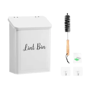 Wall Mounted Magnetic Metal Lint Bin With Brush and Magnetic Back Side Hook Laundry Room Essentials