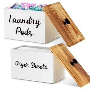 Wooden Dryer Sheet Container with Drawer Bamboo Timber Laundry Pods Holder for Organizing Storage Laundry Room Rectangle Shape